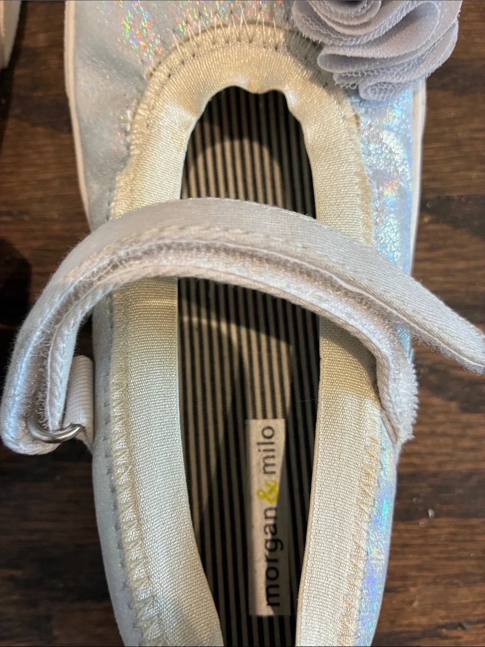 Morgan & Milo Iridescent White Girls' Mary Jane Shoes with Flower Accent